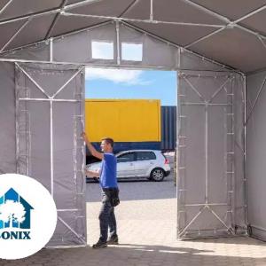 Professzionális ponyvacsarnok, ipari raktársátor 8 × 12 m – 96 m², 4,00 m oldalmagassággal, tolókapuval, erős szürke PVC ponyvával és megerősített horganyzott acélszerkezettel