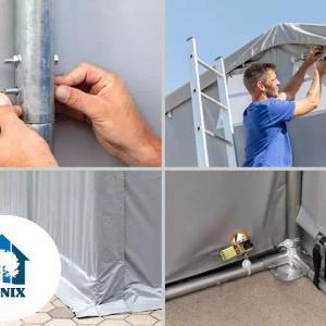 Professzionális ponyvacsarnok, ipari raktársátor 8 × 12 m – 96 m², 4,00 m oldalmagassággal, tolókapuval, erős szürke PVC ponyvával és megerősített horganyzott acélszerkezettel