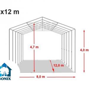 Professzionális ponyvacsarnok, ipari raktársátor 8 × 12 m – 96 m², 4,00 m oldalmagassággal, tolókapuval, erős szürke PVC ponyvával és megerősített horganyzott acélszerkezettel