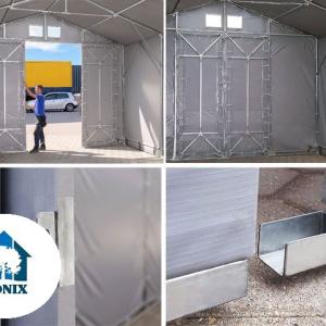 Professzionális ponyvacsarnok, ipari raktársátor 8 × 12 m – 96 m², 4,00 m oldalmagassággal, tolókapuval, erős szürke PVC ponyvával és megerősített horganyzott acélszerkezettel