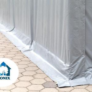 Professzionális ponyvacsarnok, ipari raktársátor 8 × 12 m – 96 m², 4,00 m oldalmagassággal, tolókapuval, erős szürke PVC ponyvával és megerősített horganyzott acélszerkezettel