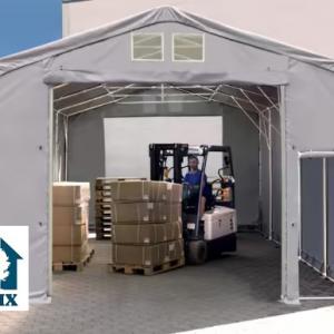 Professzionális ponyvacsarnok, ipari tárolósátor 8×12 m, 96 m², 3,00 m oldalmagassággal, lángálló PRIMEtex PVC ponyvával, felhúzható kapuval, személybejáróval,  horganyzott acélvázzal – szürke