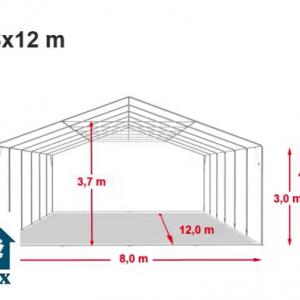 Professzionális ponyvacsarnok, ipari tárolósátor 8×12 m, 96 m², 3,00 m oldalmagassággal, lángálló PRIMEtex PVC ponyvával, felhúzható kapuval, személybejáróval,  horganyzott acélvázzal – szürke