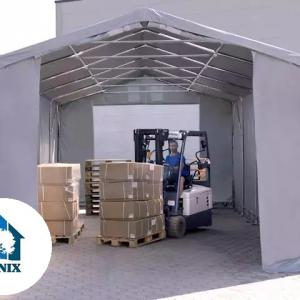 Professzionális ponyvacsarnok raktársátor 4×12 m, 48 m², 3,00 m oldalmagassággal, két cipzáras kapuval, PVC ponyvával és teljesen horganyzott acélvázzal – szürke