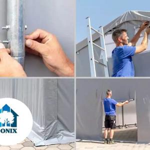 Professzionális ponyvacsarnok raktársátor 4×12 m, 48 m², 3,00 m oldalmagassággal, két cipzáras kapuval, PVC ponyvával és teljesen horganyzott acélvázzal – szürke