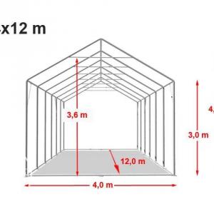 Professzionális ponyvacsarnok raktársátor 4×12 m, 48 m², 3,00 m oldalmagassággal, két cipzáras kapuval, PVC ponyvával és teljesen horganyzott acélvázzal – szürke