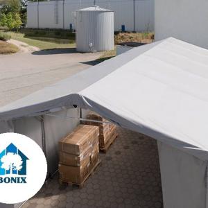 Professzionális ponyvacsarnok raktársátor 4×12 m, 48 m², 3,00 m oldalmagassággal, két cipzáras kapuval, PVC ponyvával és teljesen horganyzott acélvázzal – szürke