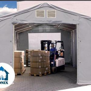 Professzionális ponyvacsarnok raktársátor 4×6 m, 24 m², 3,00 m oldalmagassággal, felhúzható és cipzáras kapuval, PVC ponyvával és teljesen horganyzott acélvázzal – szürke