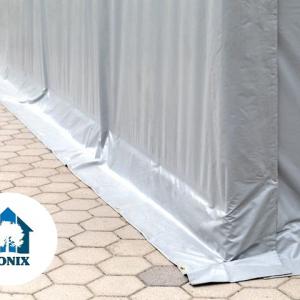 Professzionális ponyvacsarnok raktársátor 4×6 m, 24 m², 3,00 m oldalmagassággal, felhúzható és cipzáras kapuval, PVC ponyvával és teljesen horganyzott acélvázzal – szürke