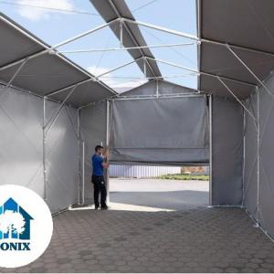 Professzionális ponyvacsarnok raktársátor 4×6 m, 24 m², 3,00 m oldalmagassággal, felhúzható kapuval, tetőablakkal, PVC ponyvával és teljesen horganyzott acélvázzal – szürke