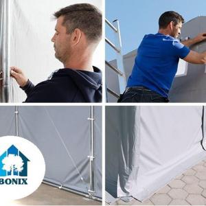 Professzionális ponyvacsarnok raktársátor 4×6 m, 24 m², 3,00 m oldalmagassággal, felhúzható kapuval, tetőablakkal, PVC ponyvával és teljesen horganyzott acélvázzal – szürke