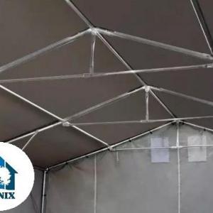 Professzionális ponyvacsarnok raktársátor 4×6 m, 24 m², 3,00 m oldalmagassággal, lángálló PRIMEtex PVC ponyvával, felhúzható kapuval és teljesen horganyzott acélvázzal – szürke