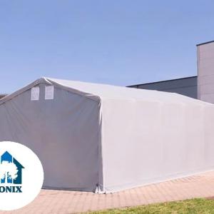Professzionális ponyvacsarnok raktársátor 4×6 m, 24 m², 3,00 m oldalmagassággal, lángálló PRIMEtex PVC ponyvával, két cipzáras kapuval és teljesen horganyzott acélvázzal – szürke