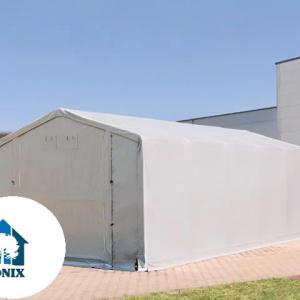 Professzionális ponyvacsarnok raktársátor 4×8 m, 32 m², 3,00 m oldalmagassággal, felhúzható és cipzáras kapuval, PVC ponyvával és teljesen horganyzott acélvázzal – szürke