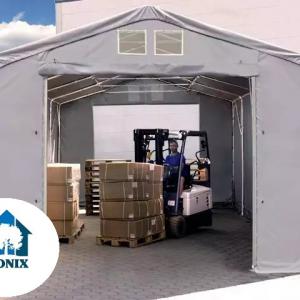 Professzionális ponyvacsarnok raktársátor 4×8 m, 32 m², 3,00 m oldalmagassággal, felhúzható és cipzáras kapuval, PVC ponyvával és teljesen horganyzott acélvázzal – szürke