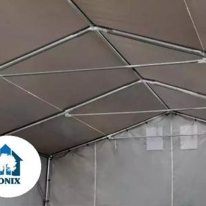 Professzionális ponyvacsarnok raktársátor 4×8 m, 32 m², 3,00 m oldalmagassággal, felhúzható és cipzáras kapuval, PVC ponyvával és teljesen horganyzott acélvázzal – szürke