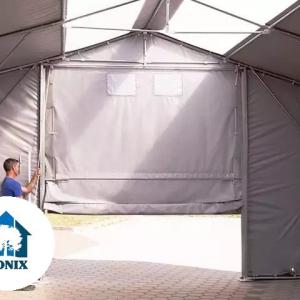 Professzionális ponyvacsarnok raktársátor 4×8 m, 32 m², 3,00 m oldalmagassággal, felhúzható és cipzáras kapuval, PVC ponyvával és teljesen horganyzott acélvázzal – szürke