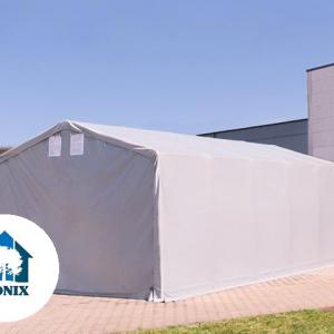 Professzionális ponyvacsarnok raktársátor 5 × 10 m, 50 m² alapterülettel, 4,00 m oldalmagassággal, két standard cipzáras bejárattal szürke, lángálló PRIMEtex ponyvával
