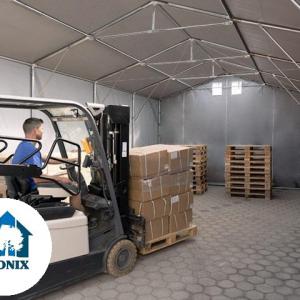 Professzionális ponyvacsarnok raktársátor 5 × 10 m, 50 m² alapterülettel, 4,00 m oldalmagassággal, két standard cipzáras bejárattal szürke, lángálló PRIMEtex ponyvával