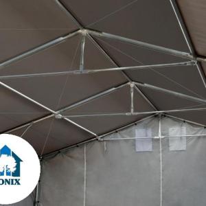 Professzionális ponyvacsarnok raktársátor 5 × 10 m, 50 m² alapterülettel, 4,00 m oldalmagassággal, két standard cipzáras bejárattal szürke, lángálló PRIMEtex ponyvával