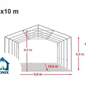 Professzionális ponyvacsarnok raktársátor 5 × 10 m, 50 m² alapterülettel, 4,00 m oldalmagassággal, két standard cipzáras bejárattal szürke, lángálló PRIMEtex ponyvával