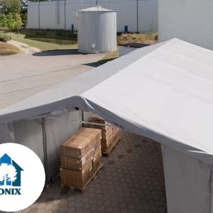 Professzionális ponyvacsarnok raktársátor 5 × 10 m, 50 m² alapterülettel, 4,00 m oldalmagassággal, két standard cipzáras bejárattal szürke, lángálló PRIMEtex ponyvával