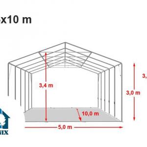 Professzionális ponyvacsarnok raktársátor 5×10 m, 50 m², 3,00 m oldalmagassággal, két cipzáras kapuval, PVC ponyvával és teljesen horganyzott acélvázzal – szürke