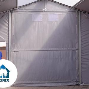 Professzionális ponyvacsarnok raktársátor 5×10 m, 50 m², 3,00 m oldalmagassággal, lángálló PVC ponyvával, felhúzható kapuval és teljesen horganyzott acélvázzal – szürke