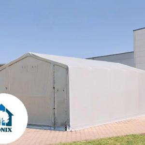 Professzionális ponyvacsarnok raktársátor 5×10 m, 50 m², 3,00 m oldalmagassággal, lángálló PVC ponyvával, felhúzható kapuval és teljesen horganyzott acélvázzal – szürke