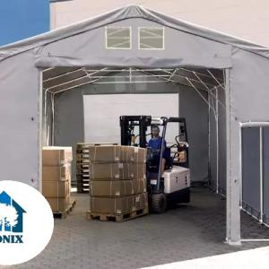 Professzionális ponyvacsarnok raktársátor 5×10 m, 50 m², 3,00 m oldalmagassággal, lángálló PVC ponyvával, felhúzható kapuval és teljesen horganyzott acélvázzal – szürke
