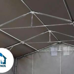 Professzionális ponyvacsarnok raktársátor 5×10 m, 50 m², 3,00 m oldalmagassággal, lángálló PVC ponyvával, felhúzható kapuval és teljesen horganyzott acélvázzal – szürke
