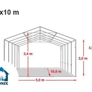 Professzionális ponyvacsarnok raktársátor 5×10 m, 50 m², 3,00 m oldalmagassággal, lángálló PVC ponyvával, felhúzható kapuval és teljesen horganyzott acélvázzal – szürke