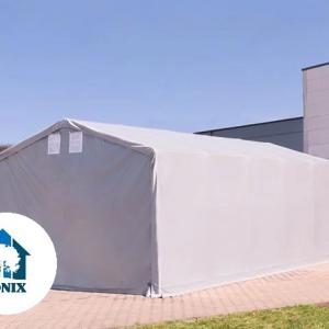 Professzionális ponyvacsarnok raktársátor 5×10 m, 50 m², 3,00 m oldalmagassággal, lángálló PVC ponyvával, két cipzáras kapuval és teljesen horganyzott acélvázzal – szürke