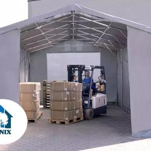 Professzionális ponyvacsarnok raktársátor 5×10 m, 50 m², 3,00 m oldalmagassággal, lángálló PVC ponyvával, két cipzáras kapuval és teljesen horganyzott acélvázzal – szürke