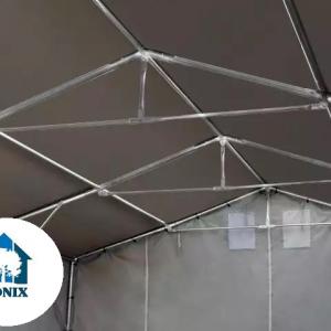 Professzionális ponyvacsarnok raktársátor 5×10 m, 50 m², 3,00 m oldalmagassággal, lángálló PVC ponyvával, két cipzáras kapuval és teljesen horganyzott acélvázzal – szürke