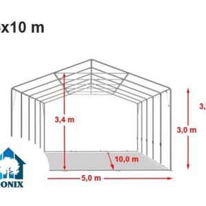 Professzionális ponyvacsarnok raktársátor 5×10 m, 50 m², 3,00 m oldalmagassággal, lángálló PVC ponyvával, két cipzáras kapuval és teljesen horganyzott acélvázzal – szürke