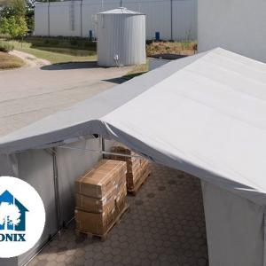 Professzionális ponyvacsarnok raktársátor 5×10 m, 50 m², 3,00 m oldalmagassággal, lángálló PVC ponyvával, két cipzáras kapuval és teljesen horganyzott acélvázzal – szürke