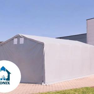 Professzionális ponyvacsarnok raktársátor 5×10 m, 50 m², 3,00 m oldalmagassággal, PVC ponyvával, két cipzáras kapuval és teljesen horganyzott acélvázzal – szürke