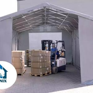 Professzionális ponyvacsarnok raktársátor 5×10 m, 50 m², 3,00 m oldalmagassággal, PVC ponyvával, két cipzáras kapuval és teljesen horganyzott acélvázzal – szürke