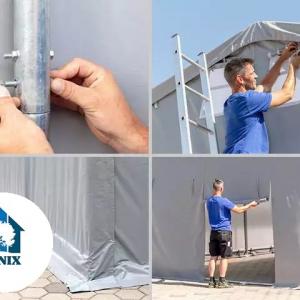 Professzionális ponyvacsarnok raktársátor 5×10 m, 50 m², 3,00 m oldalmagassággal, PVC ponyvával, két cipzáras kapuval és teljesen horganyzott acélvázzal – szürke