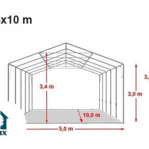 Professzionális ponyvacsarnok raktársátor 5×10 m, 50 m², 3,00 m oldalmagassággal, PVC ponyvával, két cipzáras kapuval és teljesen horganyzott acélvázzal – szürke