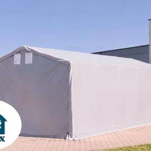 Professzionális ponyvacsarnok raktársátor 5×8 m, 40 m², 3,00 m oldalmagassággal, két cipzáras kapuval, PVC ponyvával és teljesen horganyzott acélvázzal – szürke