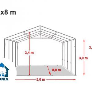 Professzionális ponyvacsarnok raktársátor 5×8 m, 40 m², 3,00 m oldalmagassággal, két cipzáras kapuval, PVC ponyvával és teljesen horganyzott acélvázzal – szürke