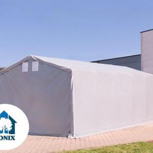 Professzionális ponyvacsarnok raktársátor 5×8 m, 40 m², 3,00 m oldalmagassággal, lángálló PRIMEtex PVC ponyvával, két cipzáras kapuval és teljesen horganyzott acélvázzal – szürke