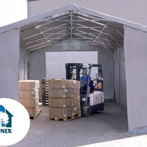 Professzionális ponyvacsarnok raktársátor 5×8 m, 40 m², 3,00 m oldalmagassággal, lángálló PRIMEtex PVC ponyvával, két cipzáras kapuval és teljesen horganyzott acélvázzal – szürke