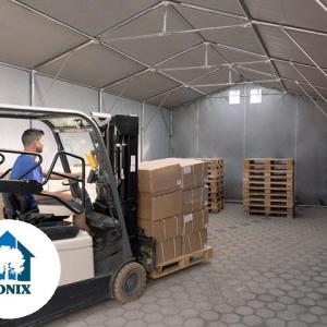 Professzionális ponyvacsarnok raktársátor 5×8 m, 40 m², 3,00 m oldalmagassággal, lángálló PRIMEtex PVC ponyvával, két cipzáras kapuval és teljesen horganyzott acélvázzal – szürke