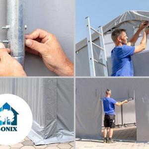 Professzionális ponyvacsarnok raktársátor 5×8 m, 40 m², 3,00 m oldalmagassággal, lángálló PRIMEtex PVC ponyvával, két cipzáras kapuval és teljesen horganyzott acélvázzal – szürke