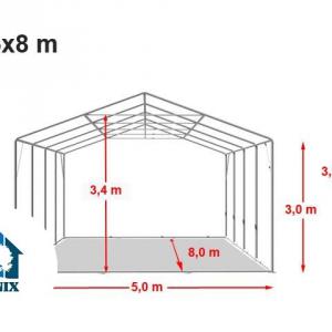 Professzionális ponyvacsarnok raktársátor 5×8 m, 40 m², 3,00 m oldalmagassággal, lángálló PRIMEtex PVC ponyvával, két cipzáras kapuval és teljesen horganyzott acélvázzal – szürke