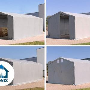 Professzionális ponyvacsarnok raktársátor 5×8 m, 40 m², 3,00 m oldalmagassággal, lángálló PRIMEtex PVC ponyvával, két cipzáras kapuval és teljesen horganyzott acélvázzal – szürke