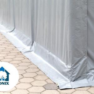 Professzionális ponyvacsarnok raktársátor 5×8 m, 40 m², 3,00 m oldalmagassággal, lángálló PRIMEtex PVC ponyvával, két cipzáras kapuval és teljesen horganyzott acélvázzal – szürke